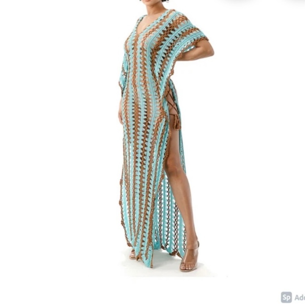 Crochet Tunic,coverup,Turquoise,brown dress,Bohemian,Swim,M/L,New - Picture 5 of 12